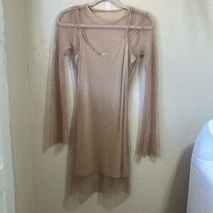Tan sparkle long sleeve dress with tank top slip